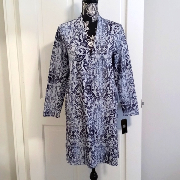 🆕️ 💙HTF Clara Sunwoo💙 - Blue/Gray Scroll Filigree Open Front Cardigan Jacket - Picture 2 of 15